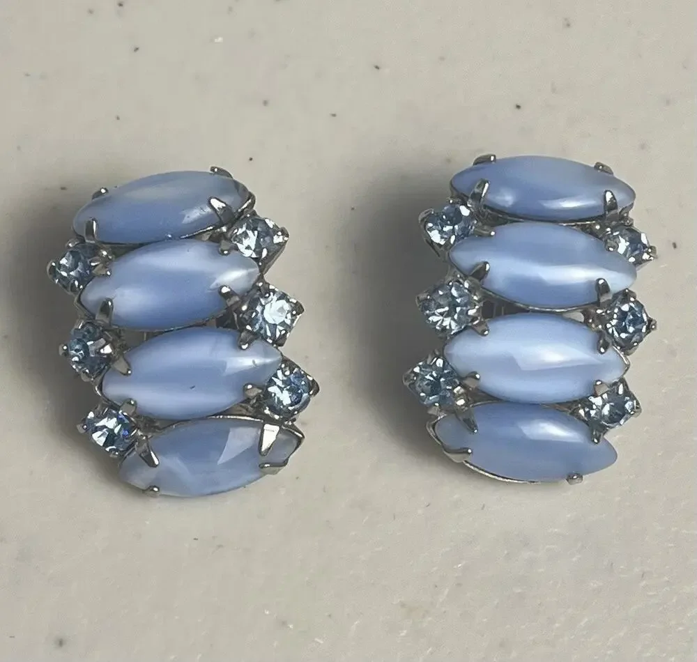 Blue Moonstone Art Glass Rhinestone Clip On Earrings 50s 60s Vintage MCM Mod